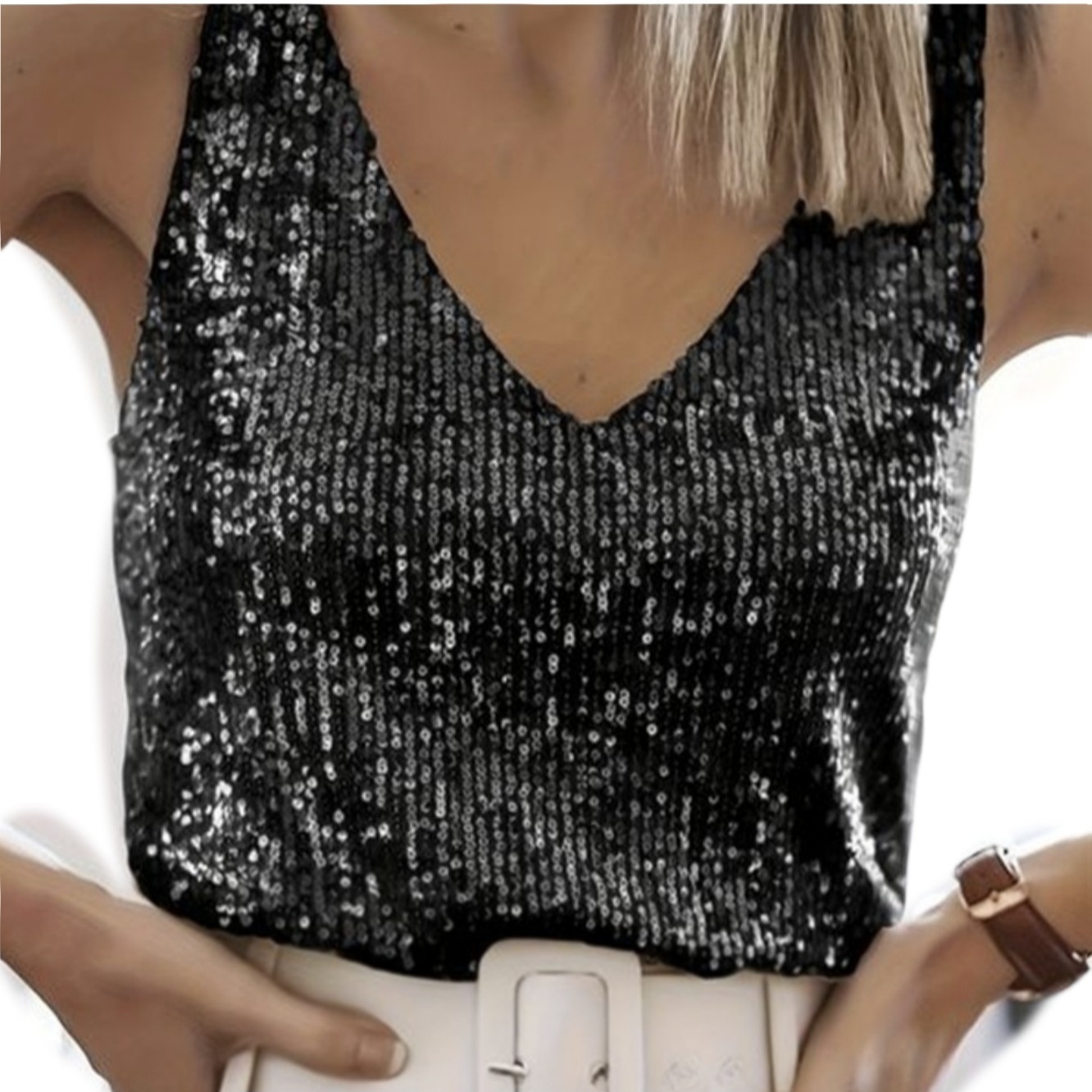 亚马逊速卖通外贸爆款欧美性感女士亮片夏季轻熟性感V领女装背心