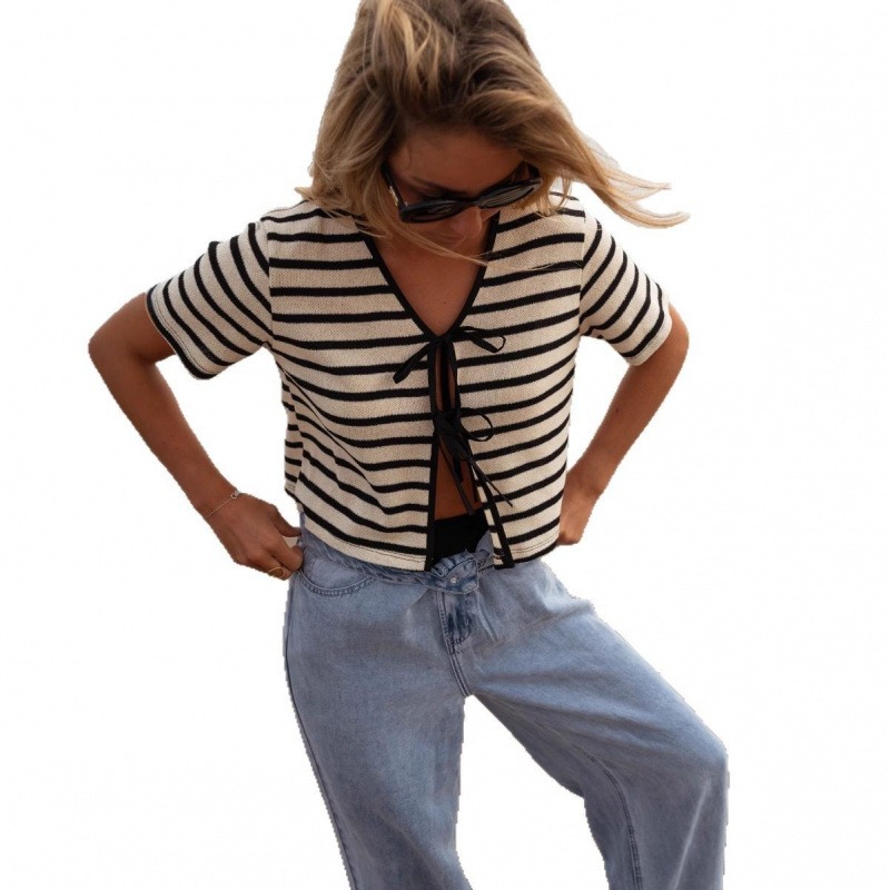 时尚短袖条纹系带开衫女式针织衫