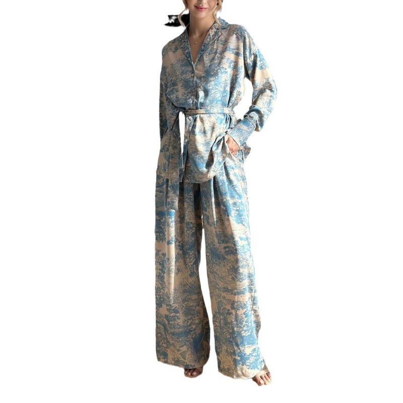 时尚法式印花长袖系带衬衫高腰阔腿裤女套装