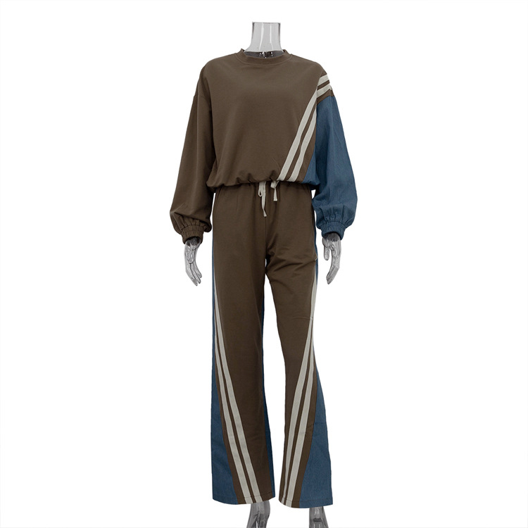 美式运动风撞色条纹卫衣套装套头上衣抽绳长裤两件套