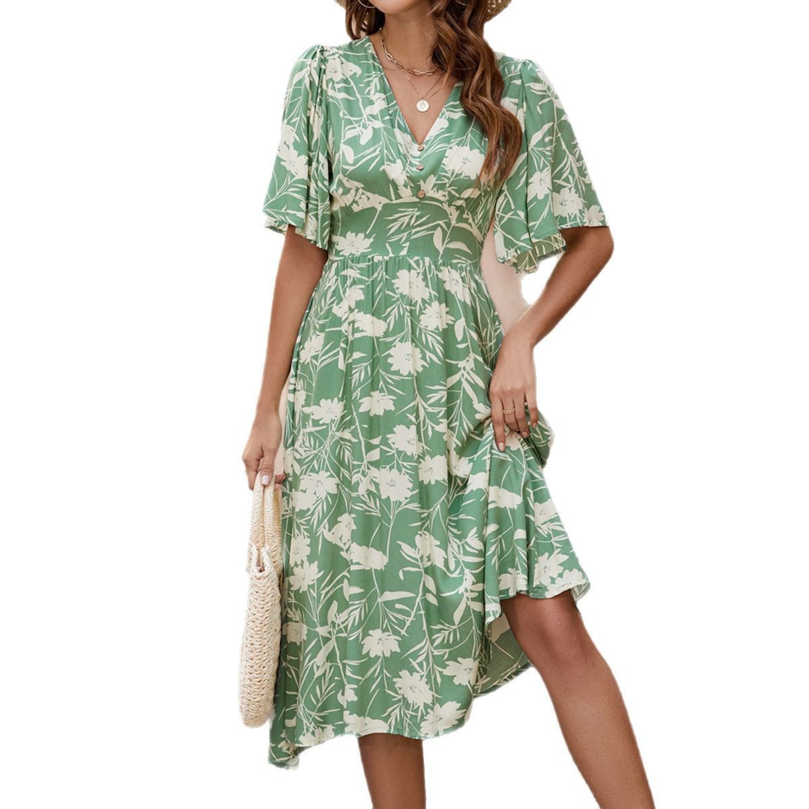 V-Neck Short Sleeve Floral Women's Midi Dress Cinched Waist Slim-Fit Boho Beach Dress