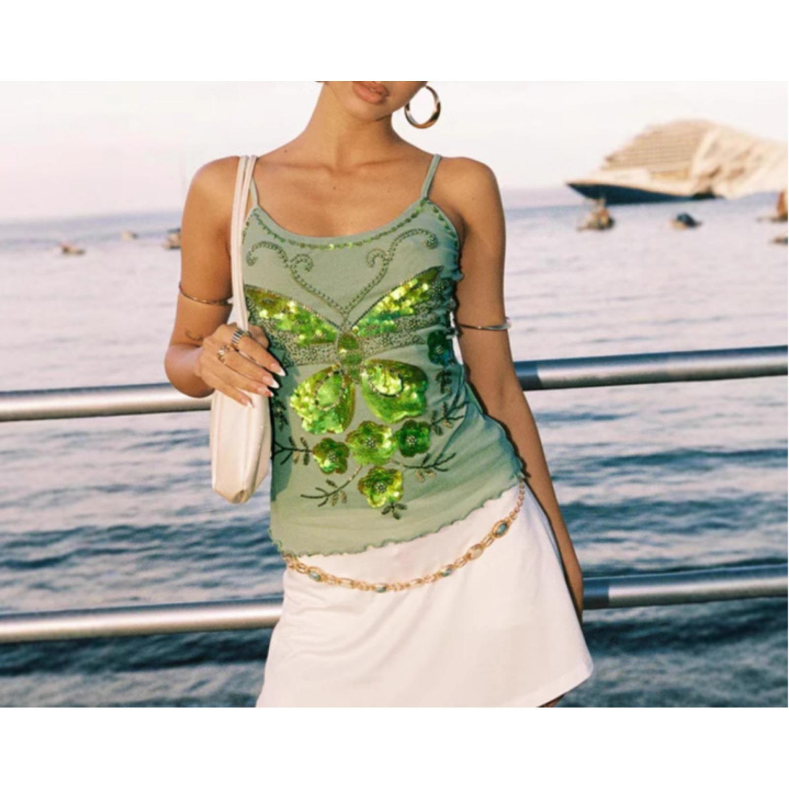 Women's Y2K Sequin Embroidery Crop Top Green/Brown Glitter Disco Halter Bralette Sexy Clubwear Party Strappy Sling Vest