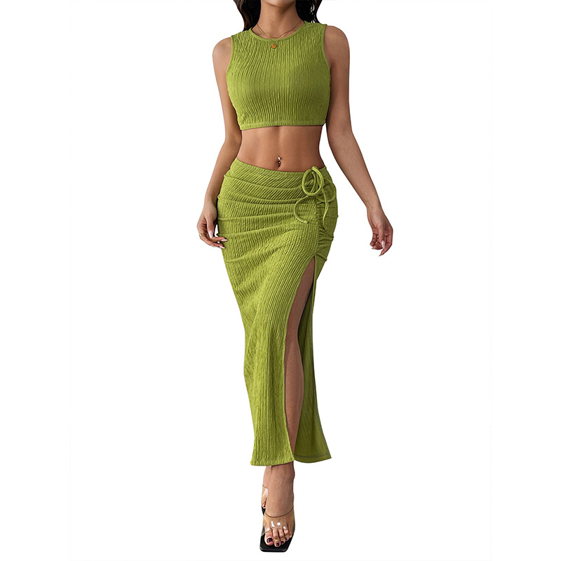 欧美抽褶肌理感开叉套装2025夏季新款跨境无袖多巴胺背心两件套