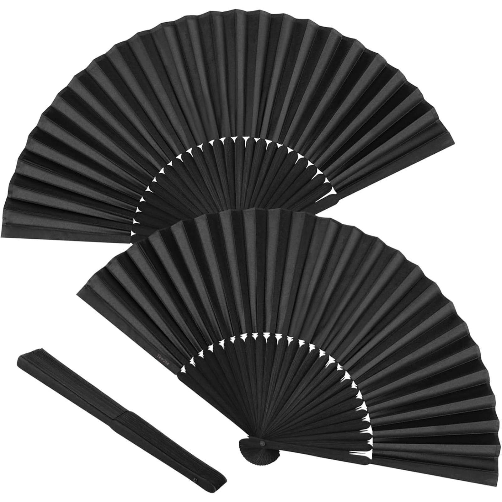 2 Pack Bamboo Silk Folding Fan Handheld, Chinese Vintage Retro Fabric Fans, Black Large Clack Hand Fan for Performance, Dance, Wedding, Church, Party & Gift