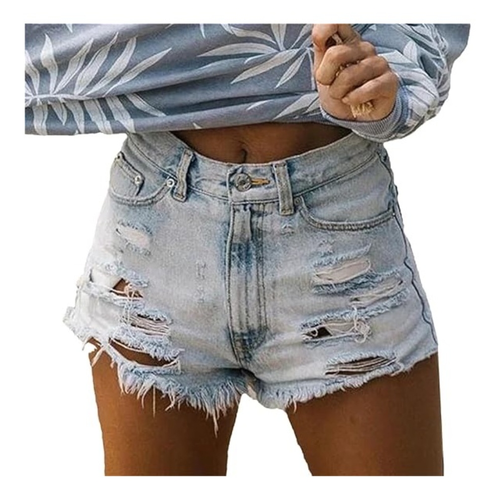 女式牛仔短裤 高腰翻边牛仔短裤（夏季休闲款