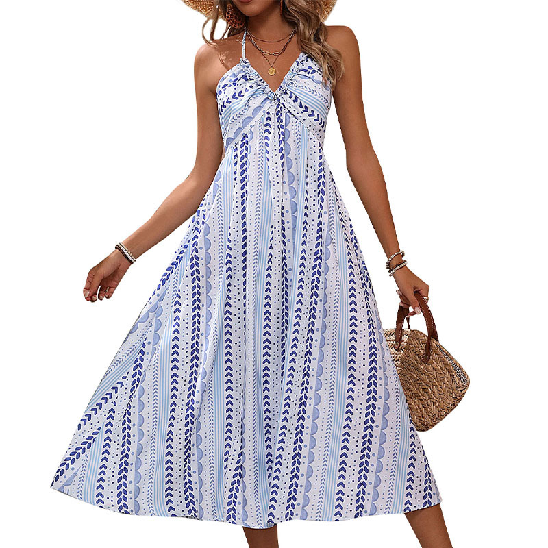 Womens 2025 Summer Backless Halter Dress V Neck Floral Print Ruched Waist Slim Fit Beach Vacation Dress Y2K Retro Coquette Aesthetic Lightweight Maxi Dress