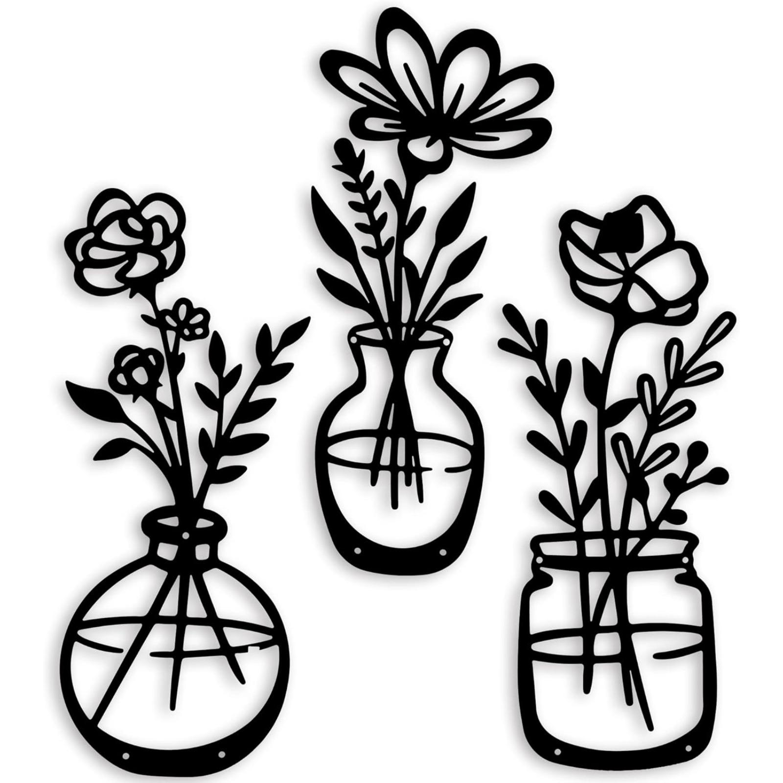 3 PCS Black Metal Flowers Wall Decor, Metal Vase Wall Art, Metal Wall Sculptures Hanging for Indoor Kitchen Bathroom Bedroom Living Room