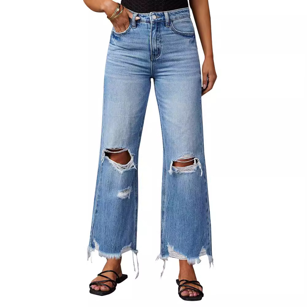 Women's Wide Leg Jeans - Stylish Distressed Design with Tassels – Must-Have Denim Long Pants for Chic and Comfort