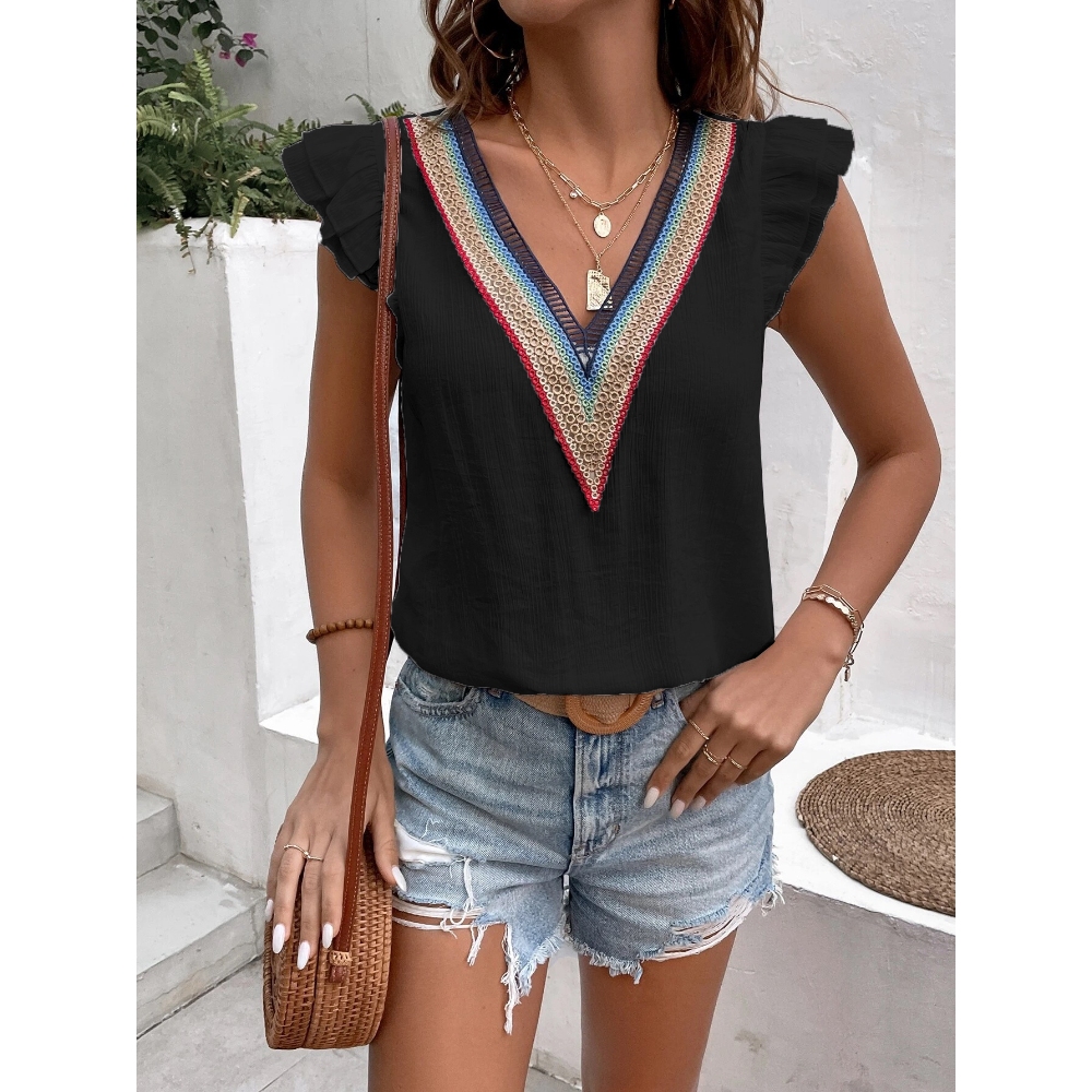 欧美亚马逊独立站2023新款蕾丝衫V领荷叶袖女装套头宽松休闲衬衫