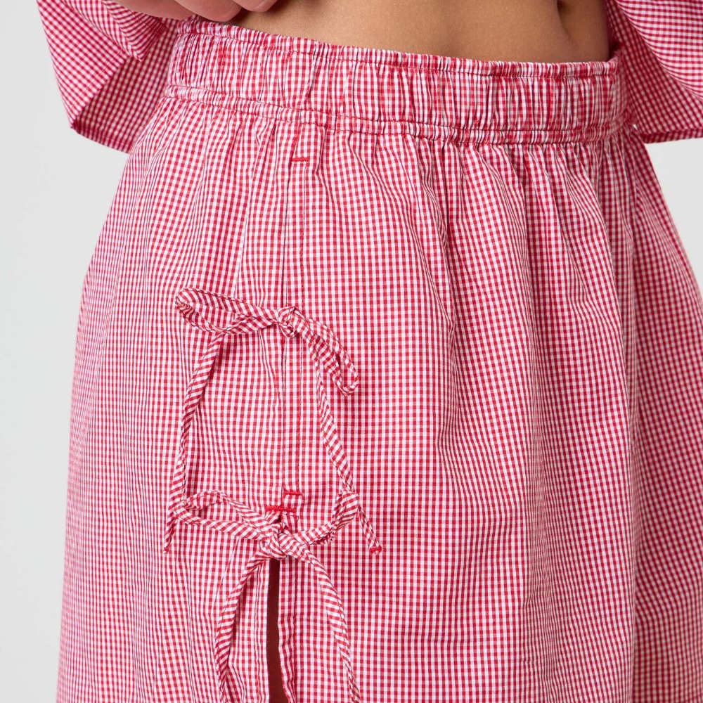 格子短裤侧面系绳松紧腰短裤