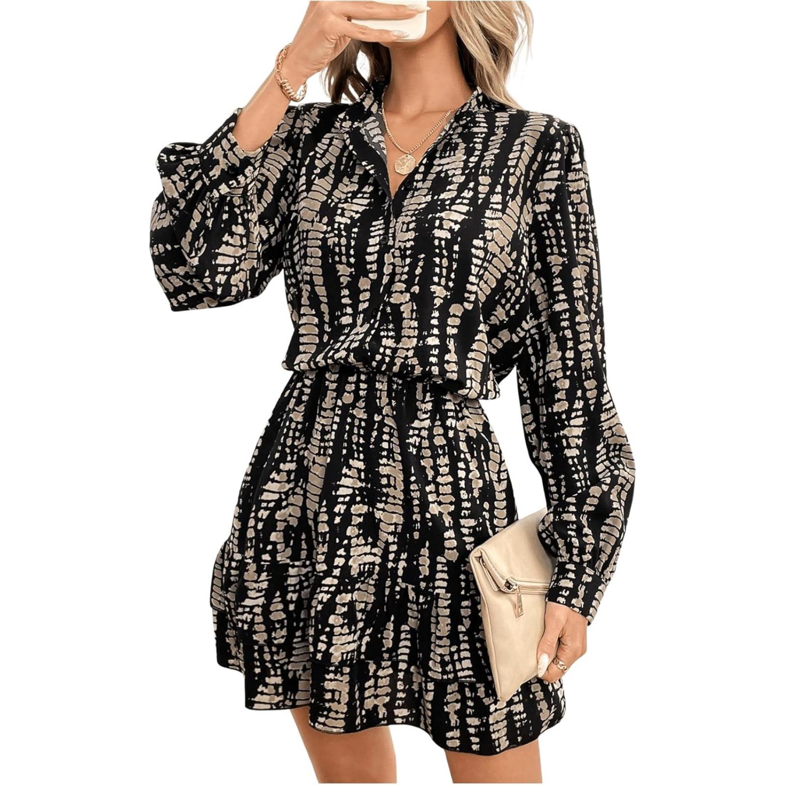 2025夏季修身时尚长袖V领荷叶边连衣裙