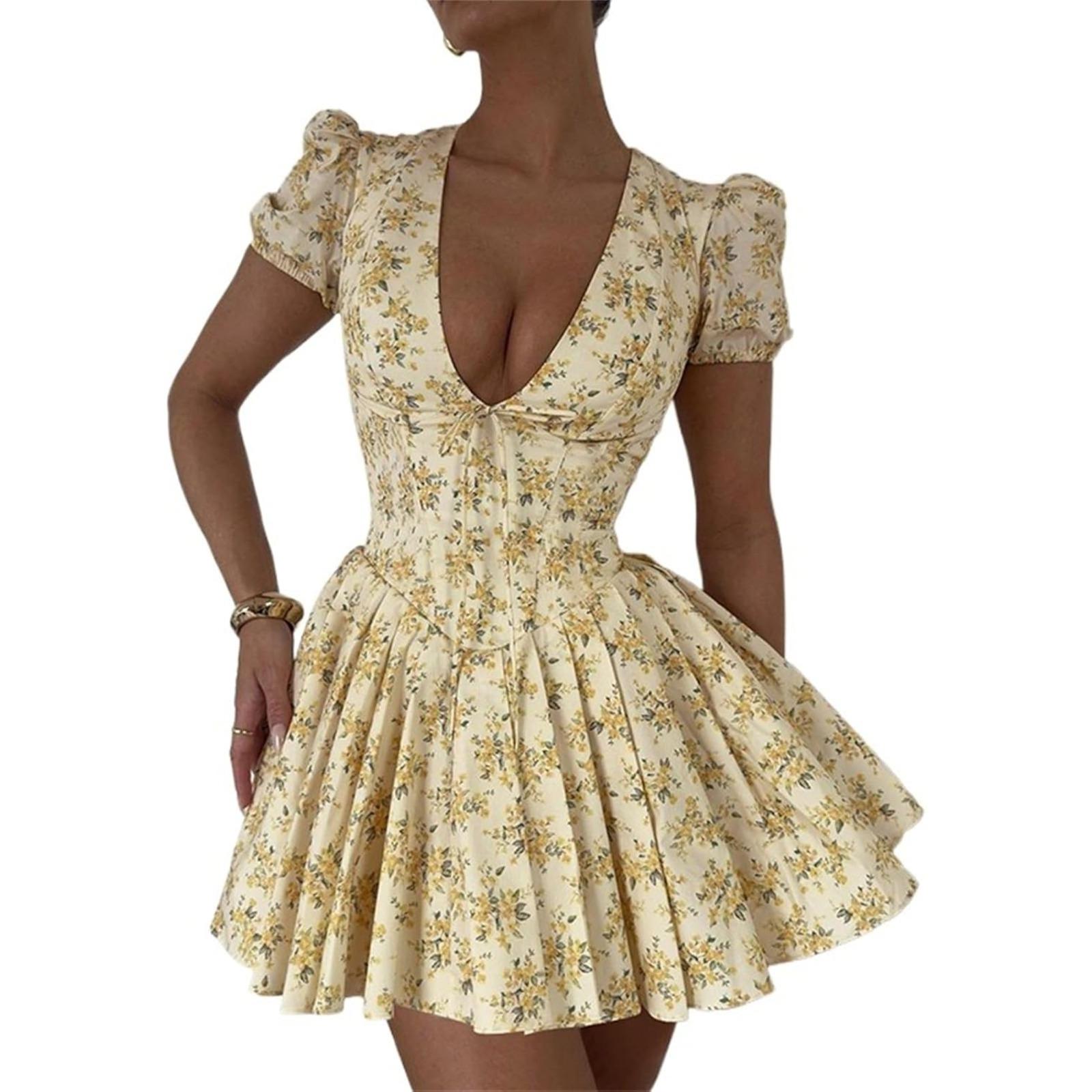 夏季2025新款法式修身短裙欧美风时尚碎花V领连衣裙女