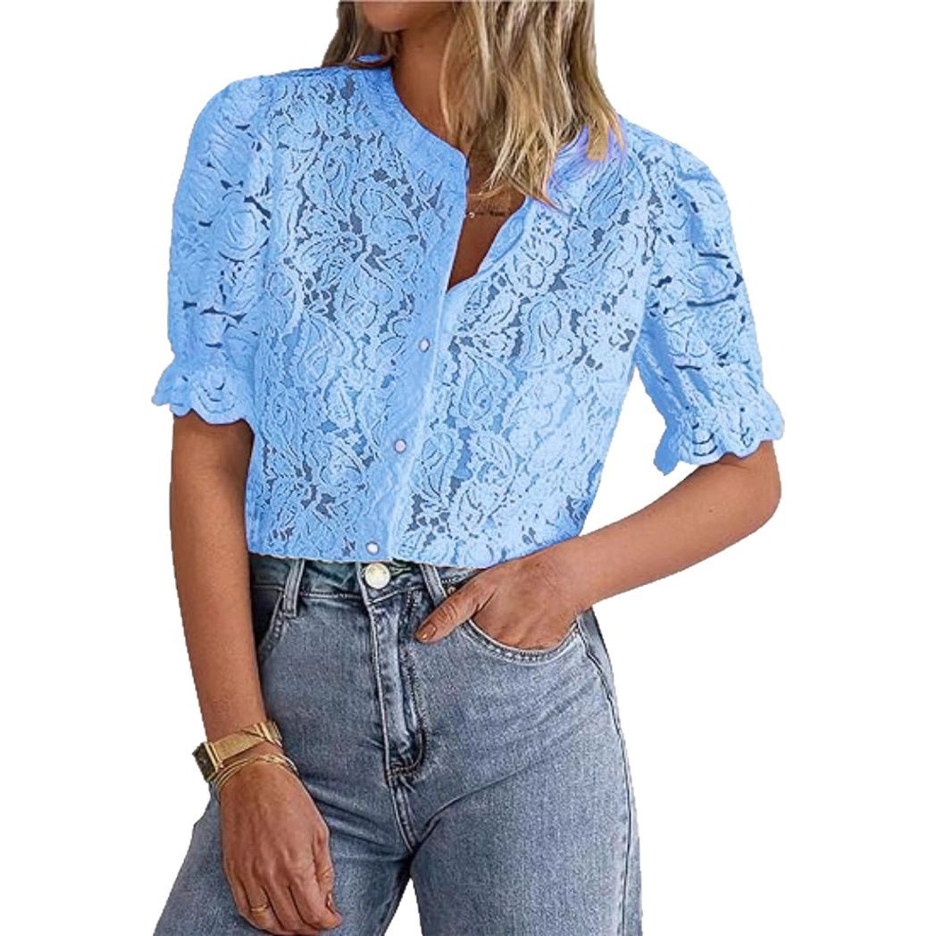Women's 2025 Spring Summer Lace Blouse Short Puff Sleeve Button-Down Shirt Elegant Office Casual Top with Eyelet Detailing