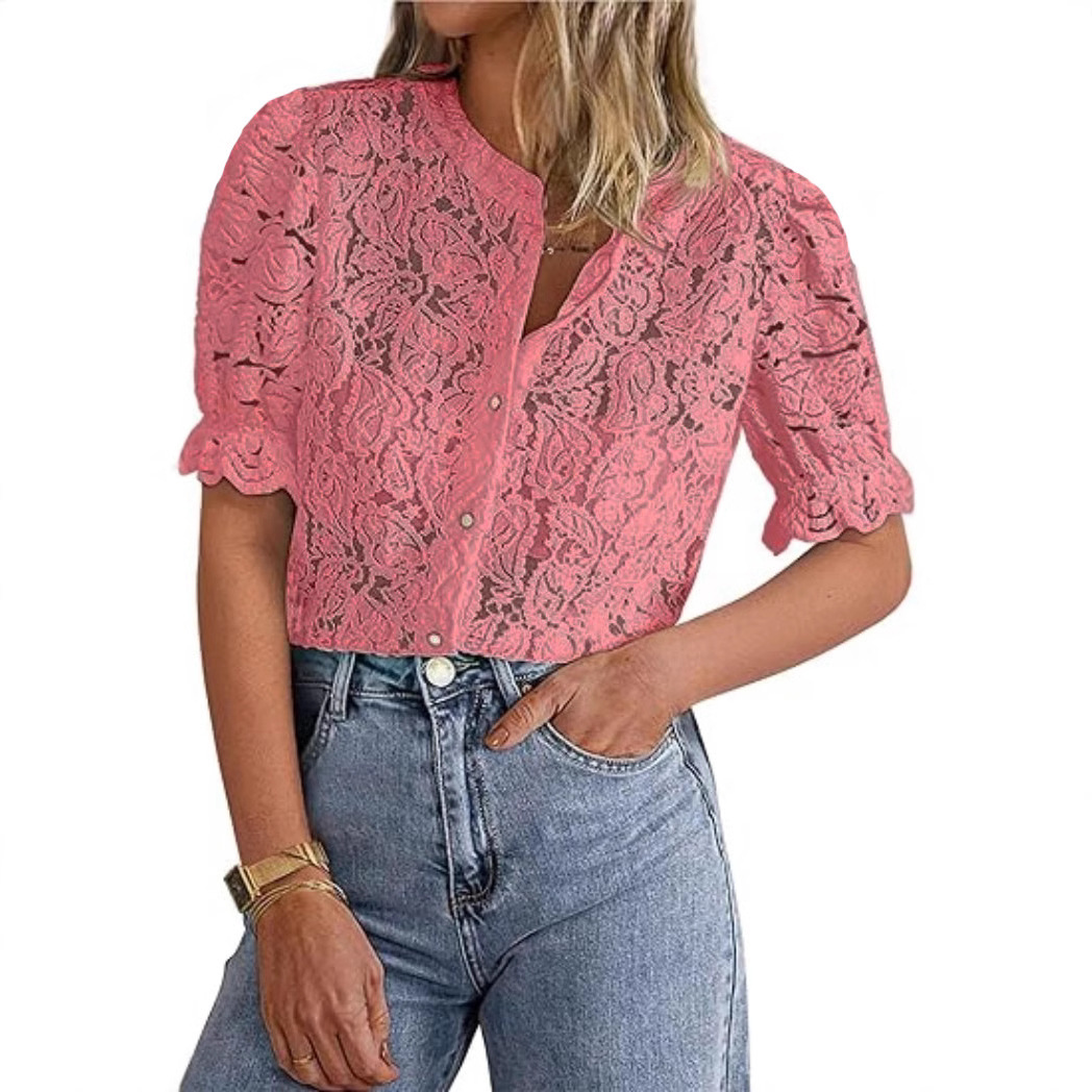 2025跨境欧美新款时尚优雅蕾丝衬衫短袖纽扣衬衫上衣春夏季女装