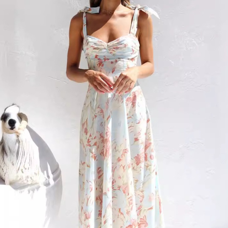 新款修身显瘦收腰V领吊带印花中长款连衣裙女