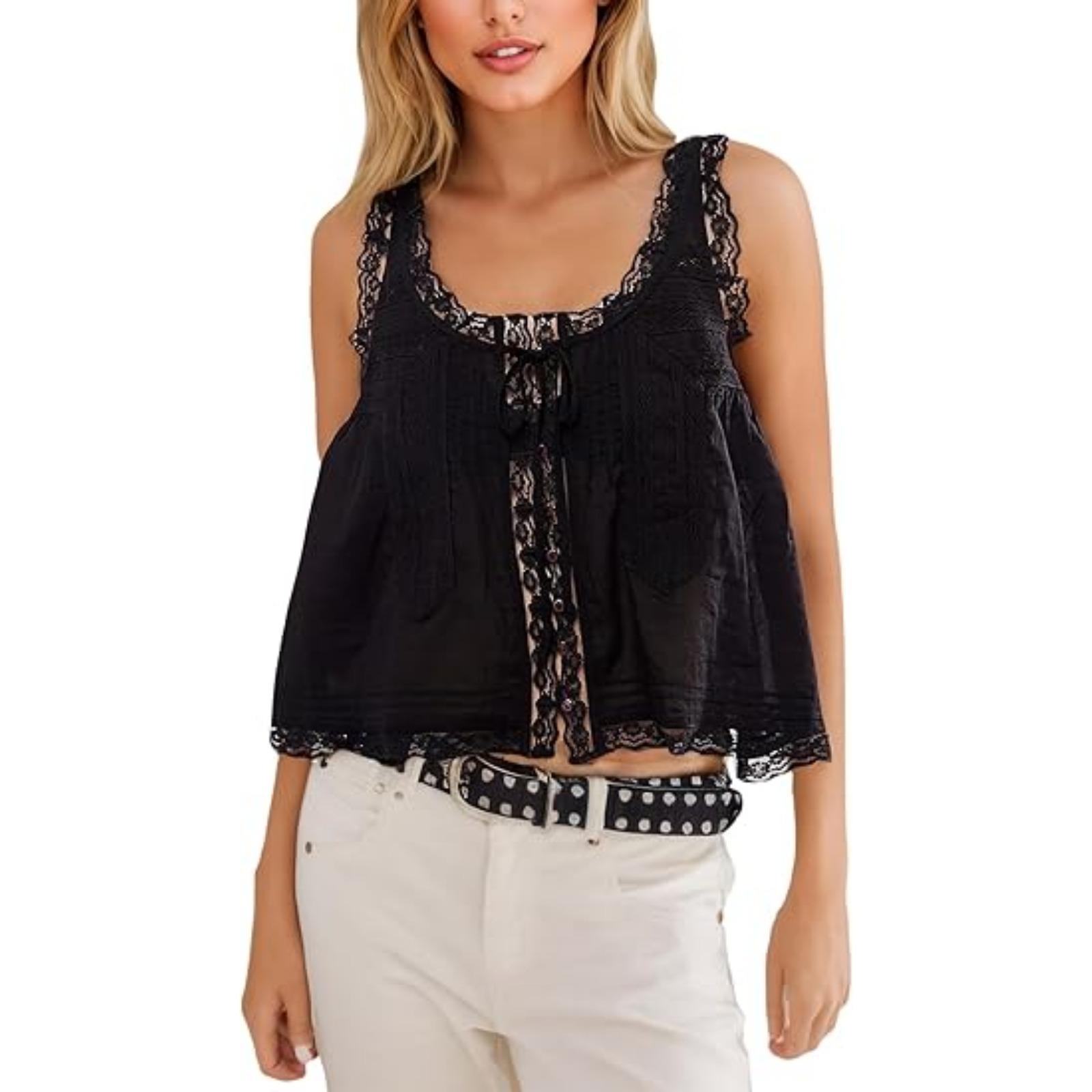 2024新款纯色蕾丝花边拼接甜美修身小吊带背心纽扣款女夏季上衣