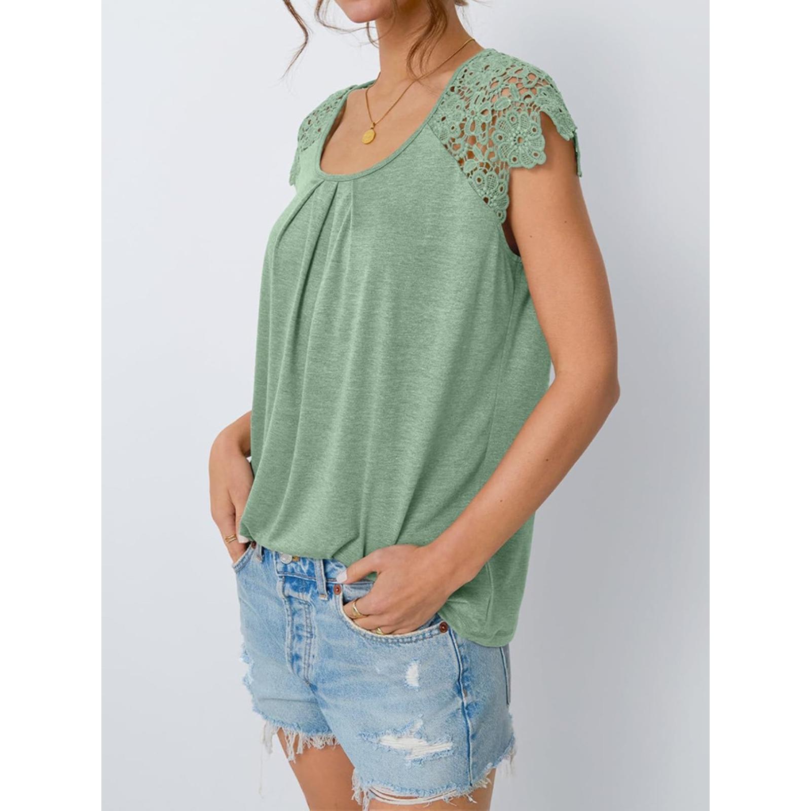 Women's Lace Sleeve Round Neck T-Shirt Loose Fit Short Sleeve Polyester Casual Blouse Green/Pink Business Summer Top