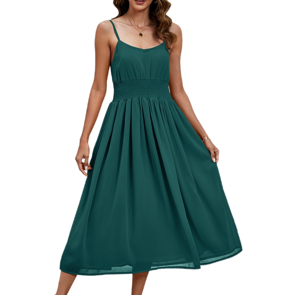 跨境2025亚马逊新款雪纺连衣裙V领打揽吊带长裙婚礼宾客连衣裙