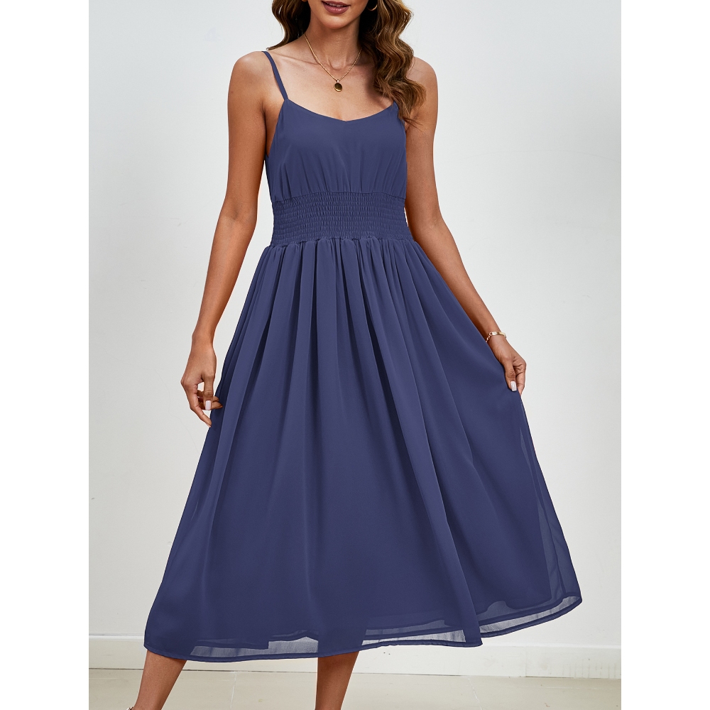 跨境2025亚马逊新款雪纺连衣裙V领打揽吊带长裙婚礼宾客连衣裙