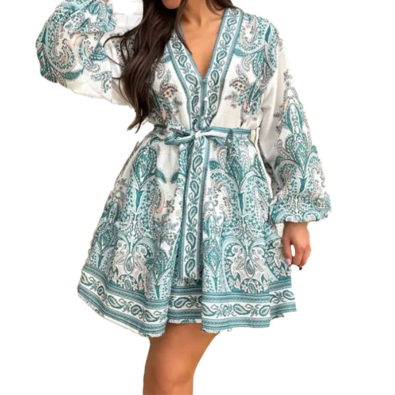 Women Casual Spring Summer Dresses V Neck Long Sleeve Ruffle Floral Flowy Boho Babydoll Mini Short Beach Dress