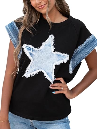 女子帽袖图形明星衬衫圆领休闲宽松套头上衣可爱的夏季学院装