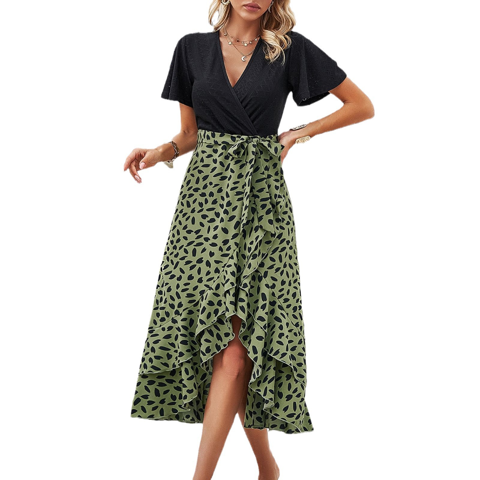 Women's Two-Tone V-Neck Dress Black Top with Color Skirt Elegant Colorblock Dress Short Sleeve Contrast Hemline