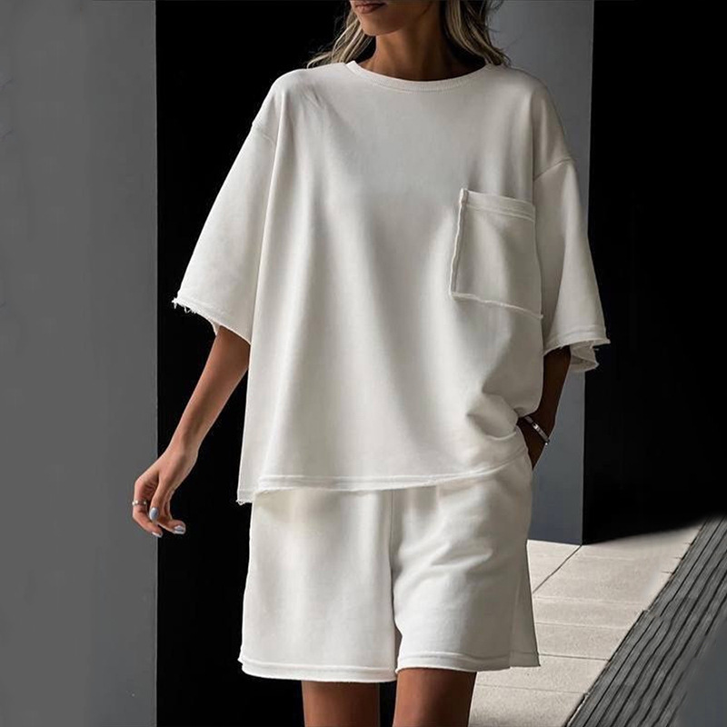 休闲女士夏季套装纯色圆领短袖松紧运动短裤二件套女