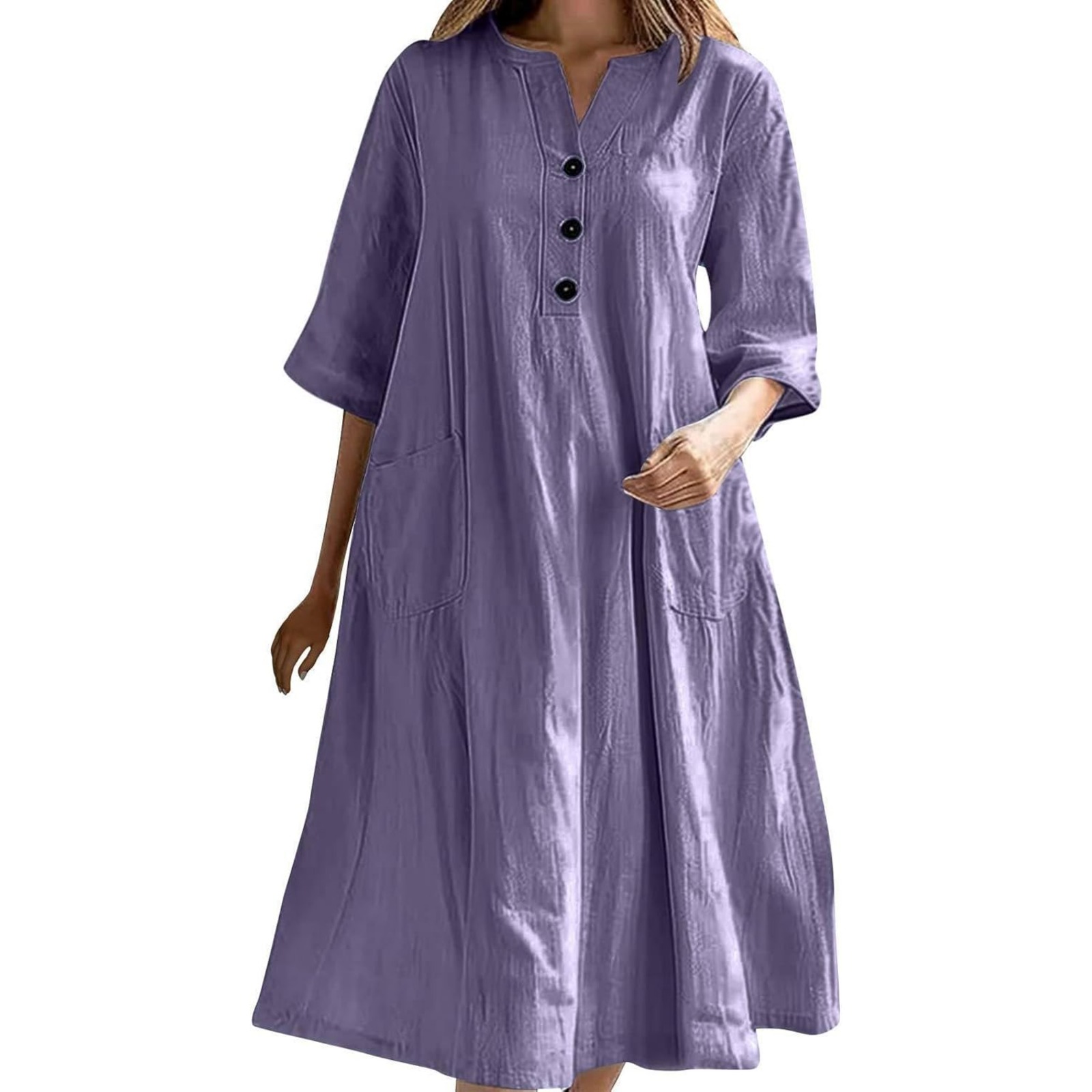 欧美女装连衣裙女士中长款V领半袖棉麻宽松版三粒扣口袋连衣