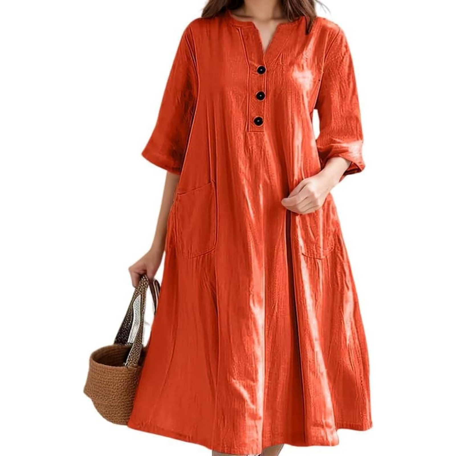 欧美女装连衣裙女士中长款V领半袖棉麻宽松版三粒扣口袋连衣