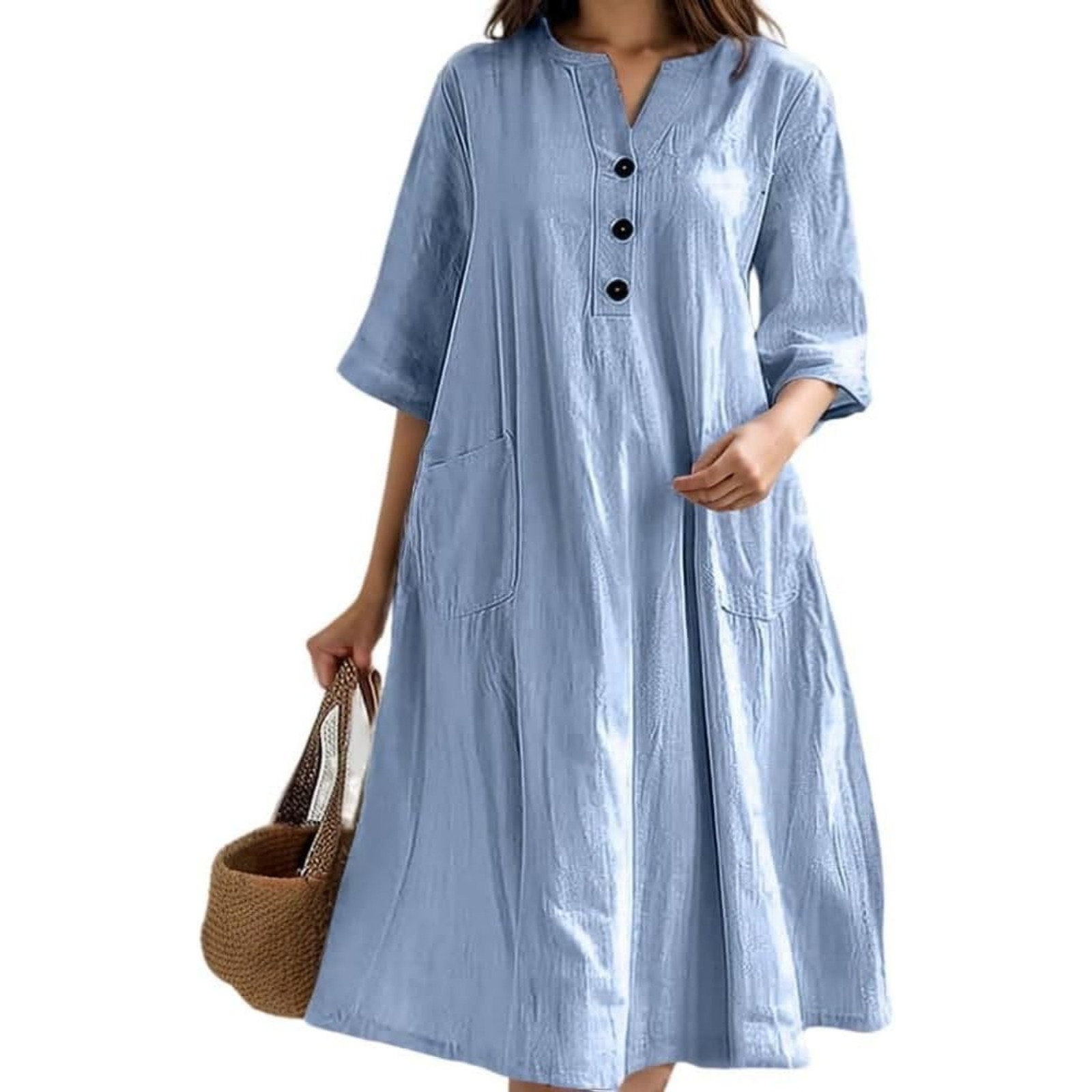 欧美女装连衣裙女士中长款V领半袖棉麻宽松版三粒扣口袋连衣