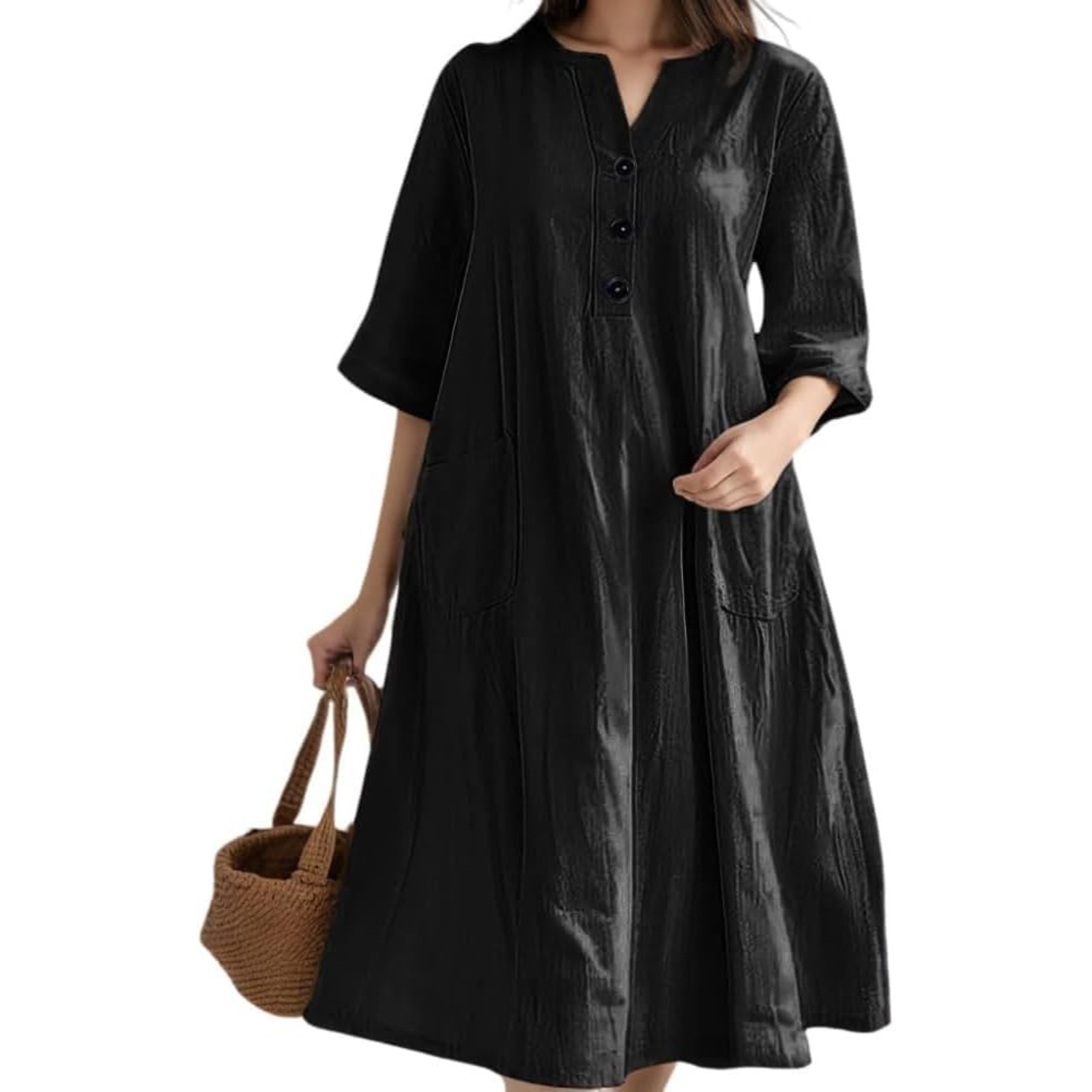 欧美女装连衣裙女士中长款V领半袖棉麻宽松版三粒扣口袋连衣