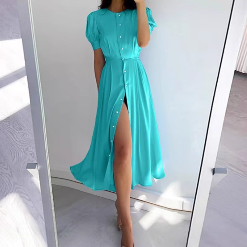 女装新款开衫显瘦气质高腰连衣裙优雅短袖