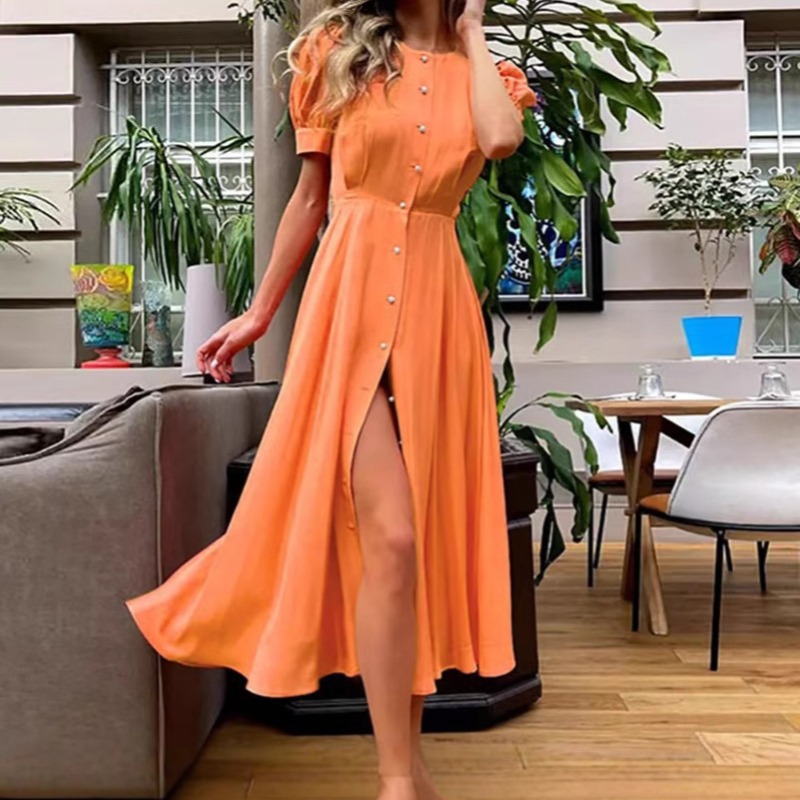 女装新款开衫显瘦气质高腰连衣裙优雅短袖