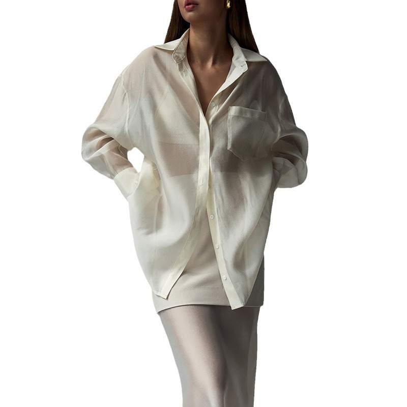 Women's Satin Blouse & Tulle Skirt Set Long Sleeve Shirt with High-Waist Skirt Fashion Two-Piece Outfit Sheer Collar Top with Mesh Panel Skirt