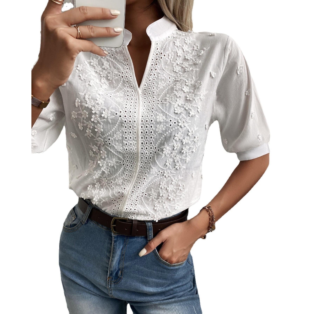 Women's V Neck Lace Crochet See Through Floral Elegant Blouse Tops Shirts