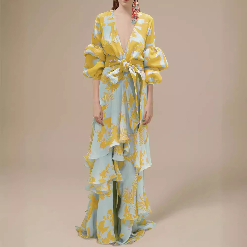 时尚印花度假雪纺连衣裙深V领不规则波西米亚长裙女