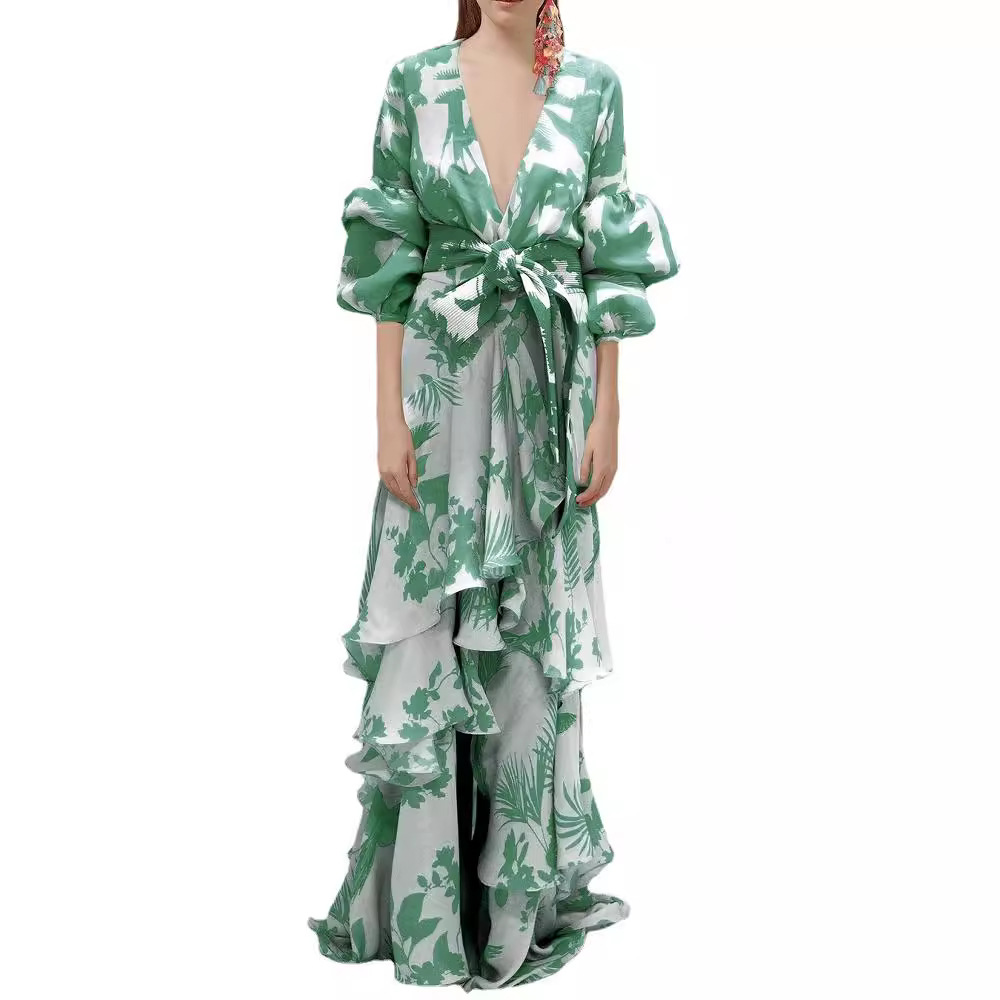 Women's Bohemian Maxi Dress Printed Chiffon Deep V-Neck Vacation Gown Flowy Beach Dress Hem Long Boho Dress