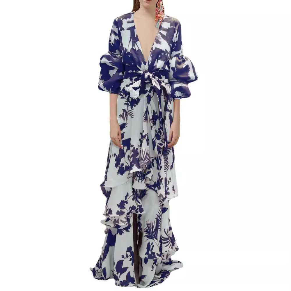 时尚印花度假雪纺连衣裙深V领不规则波西米亚长裙女