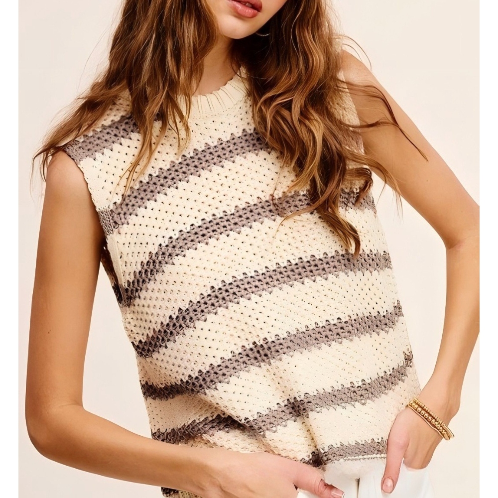 2025跨境外贸春夏新款女装欧美风宽松型圆领吊目夹条女式背心毛衣