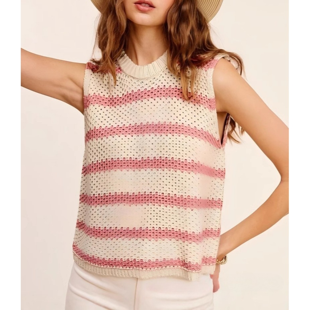 2025跨境外贸春夏新款女装欧美风宽松型圆领吊目夹条女式背心毛衣