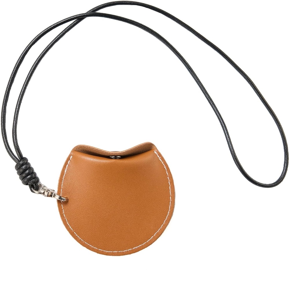 小型耳机收纳包，圆形设计，有黑色、棕色、红色和灰色可选，颈部耳机袋，便携式耳机袋，皮革挂件盒