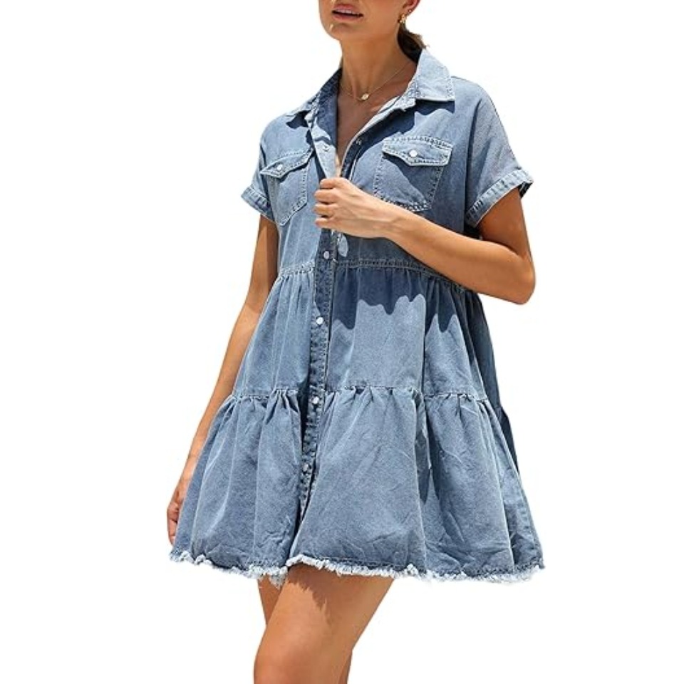 夏季欧美跨境亚马逊独立站 短袖翻领休闲风牛仔连衣裙