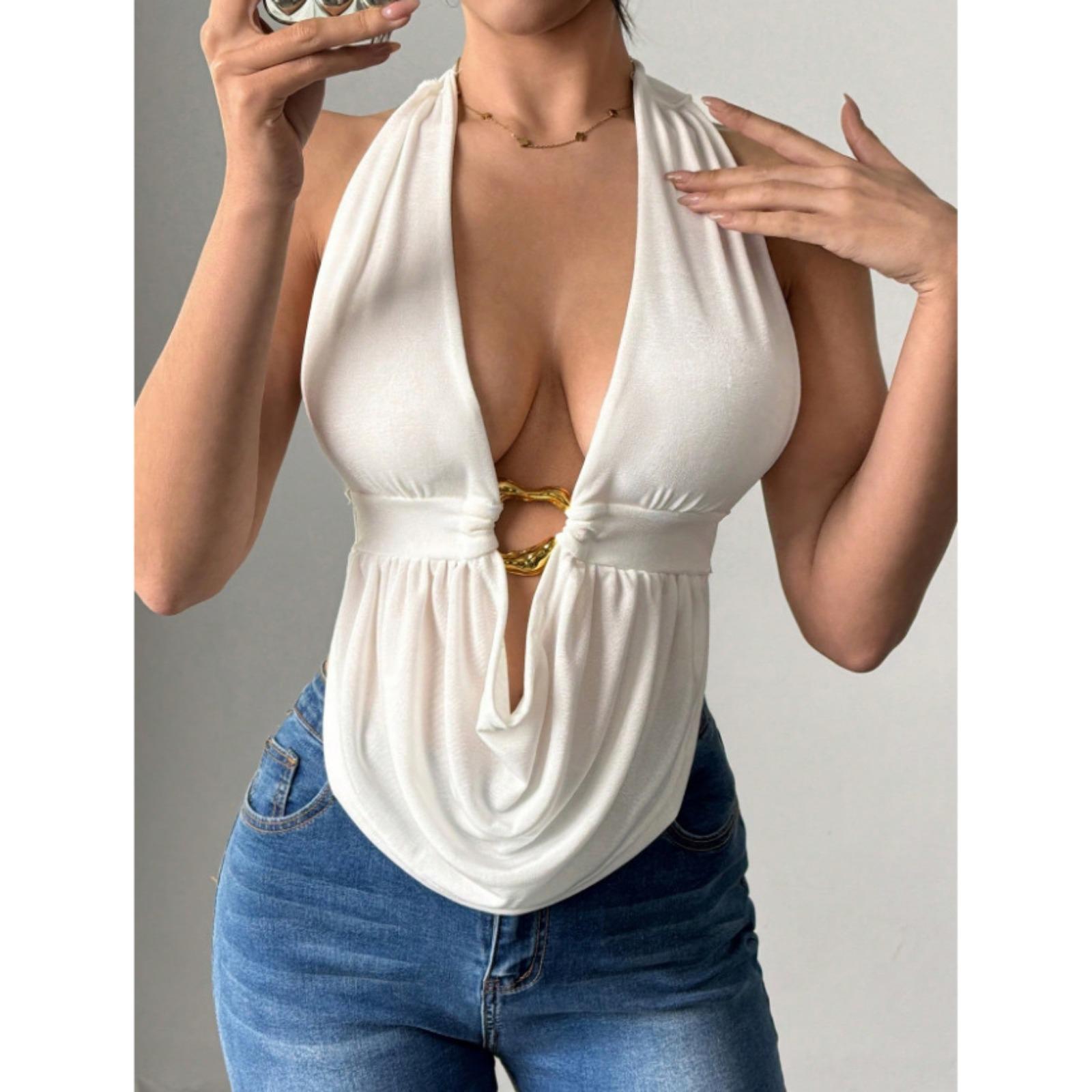 亚马逊外贸欧美女装2025纯色挂脖性感辣妹露背心外穿短款时尚上衣