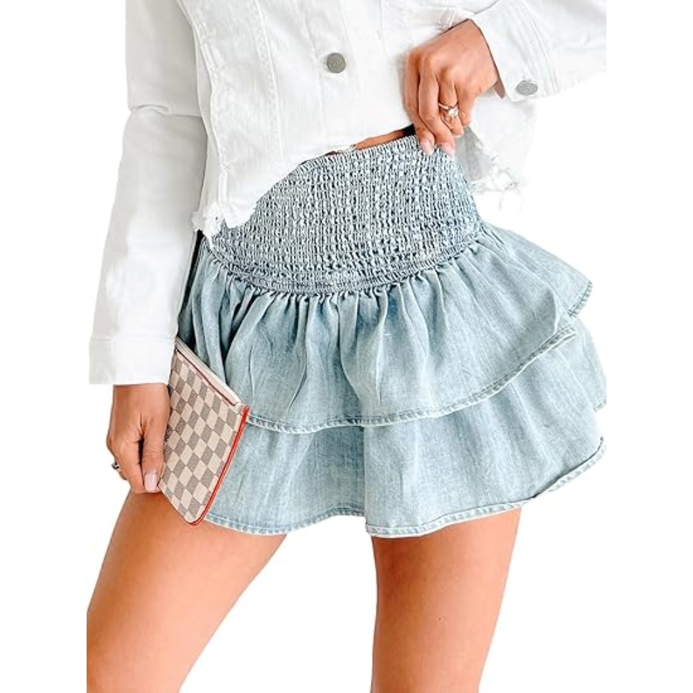 Womens 2025 Summer Tiered Denim Skirt Smocked High Waist Pleated Hem Coquette Y2K Retro Mini Skirt Casual to Party Outfits