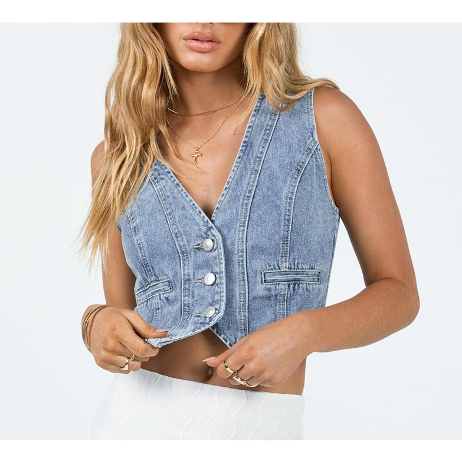 Women's V-Neck Denim Vest Cropped Western Style Polyester Sleeveless Jacket Black/White Casual Y2K Streetwear Layering Top