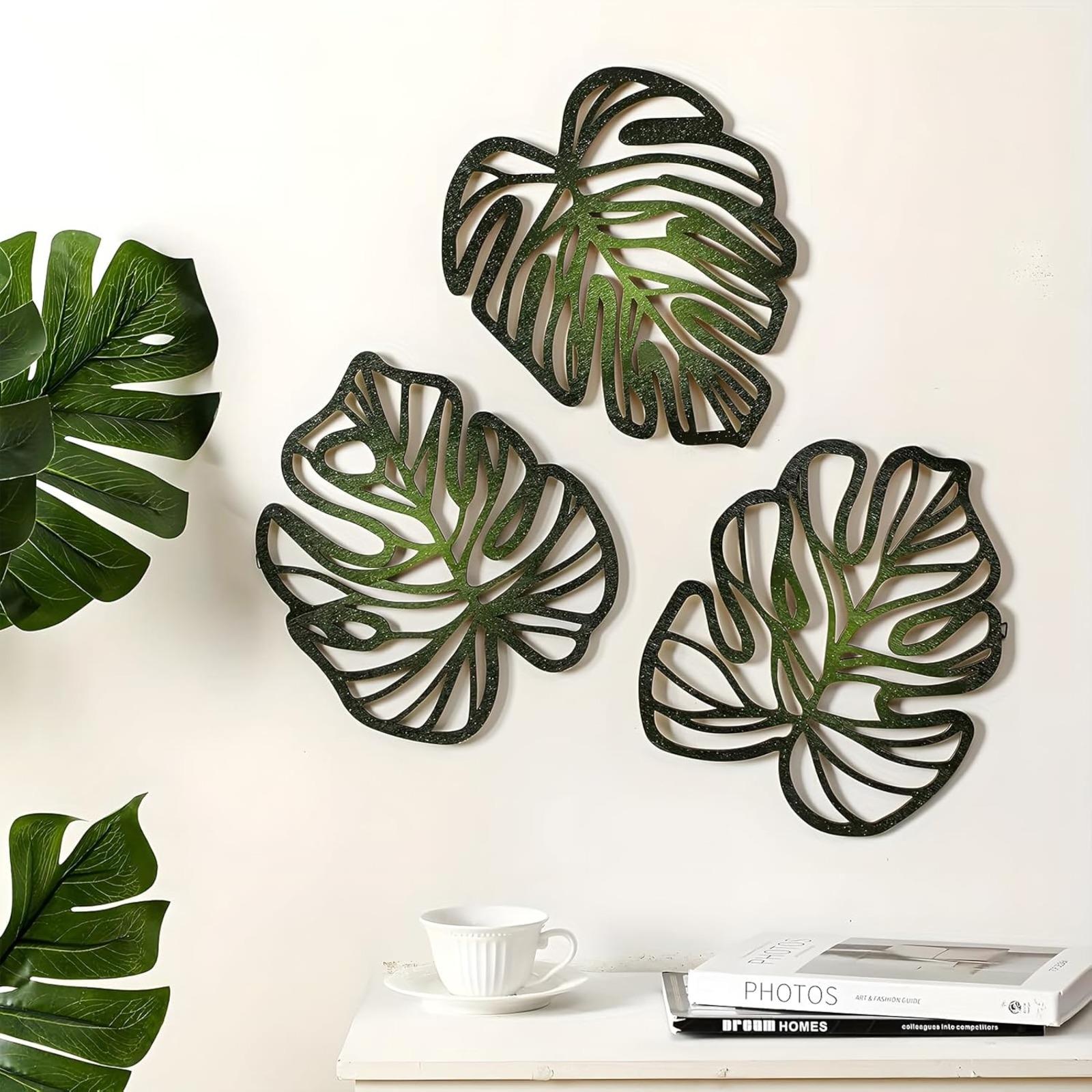Palm Leaves Wood Wall Decor, 3Pcs Tropical Wall Art Jungle Decor, Wooden Natural Leaves Plant Wall Decor, Vintage Tropical Plant Plaque for Home Living Room Kitchen Bedroom Bathroom & Garden, Green