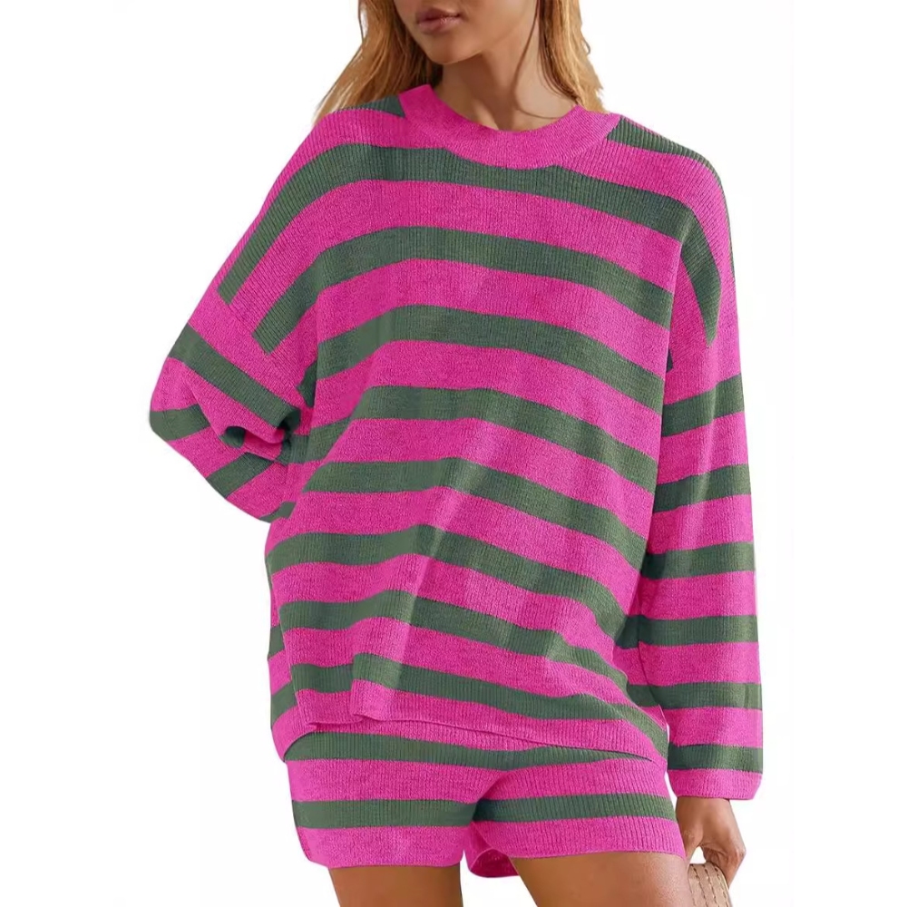 女式条纹毛衣套装 超大休闲套装 配套睡衣 长袖毛衣上衣和短裤
