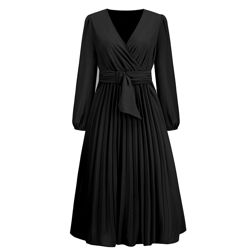 Womens Fall Long Sleeve Bodycon Midi Dress V-Neck Pleated Waist Belt A-Line Dress Y2K Retro Chiffon Wedding Guest Dress Office to Evening Transition