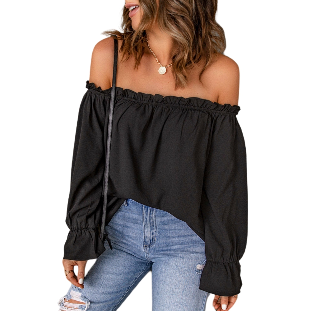 Womens Spring Summer Off Shoulder Long Sleeve Chiffon Blouse Ruffle Trim Y2K Retro Coquette Aesthetic Top Vacation Ready Elegant Street Style Essential Top