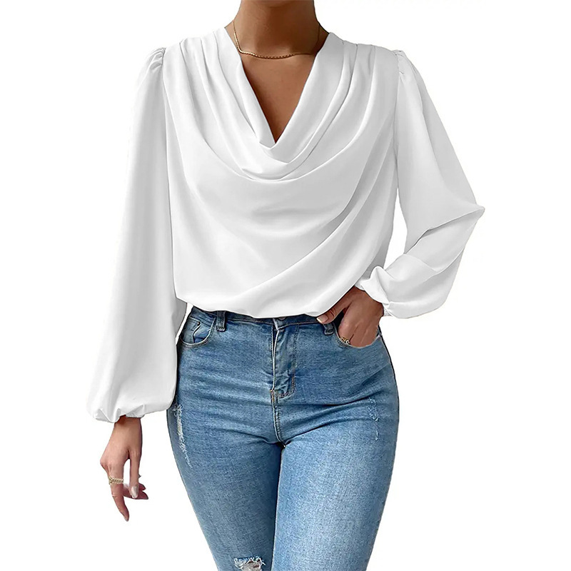 Womens 2025 Summer Silky Chiffon Draped V-Neck Blouse Ruched Long Sleeve Loose Fit Elegant Office Top Y2K Retro Vacation Ready Essentials